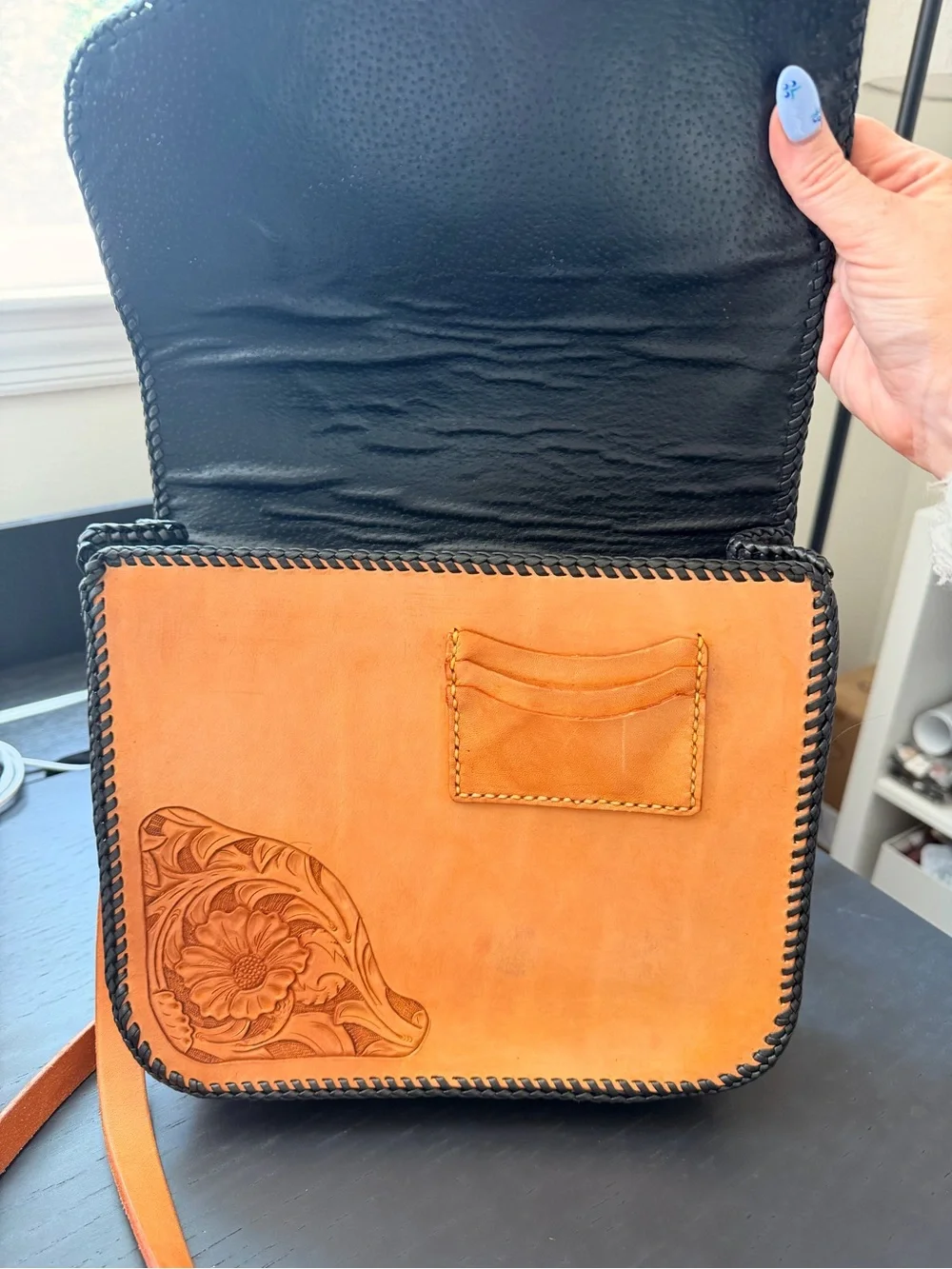 Nic + Maude Hand-Tooled Floral Tan Leather Crossbody Bag with Concho Accent - Picture 6 of 7